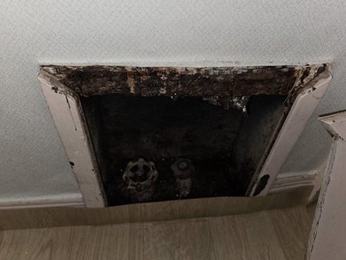 용산구 누수탐지 안방 천장 얼룩과 위층 욕실 배관을 함께 살펴 누수 원인을 추정하는 모습